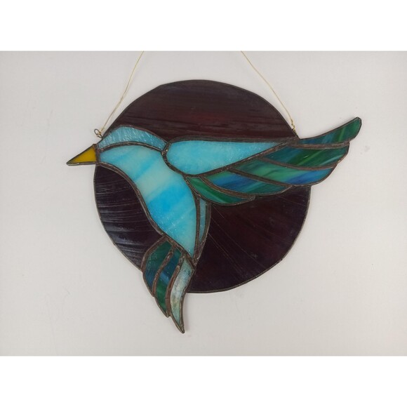 Stained Glass Panel Wall Hanging Window Decor 9 x 11 in Blue Bird Yellow Beak - Picture 3 of 10